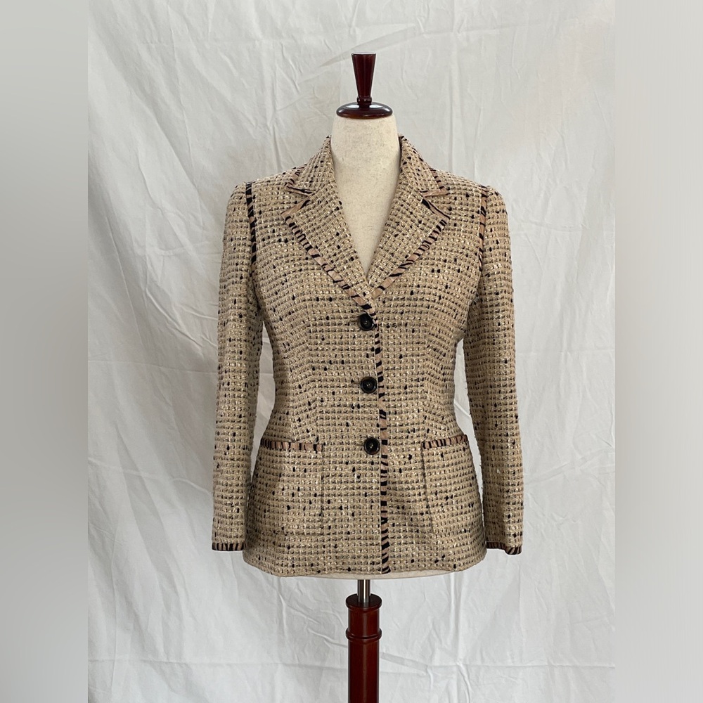 Escada Women's Beige Tweed Blazer with Animal Print Lining